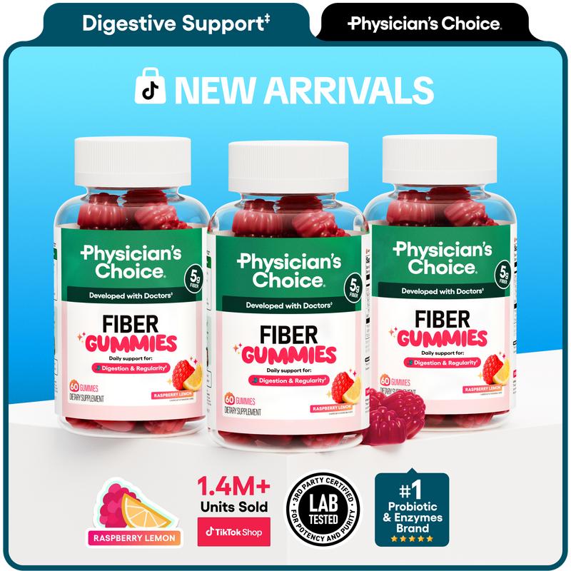 Physician’s Choice Fiber Gummies 3-Pack: Digestive Health & Regularity - Raspberry Lemon Flavor - No Sugar Added & Vegan - Daily Gummy for Adults