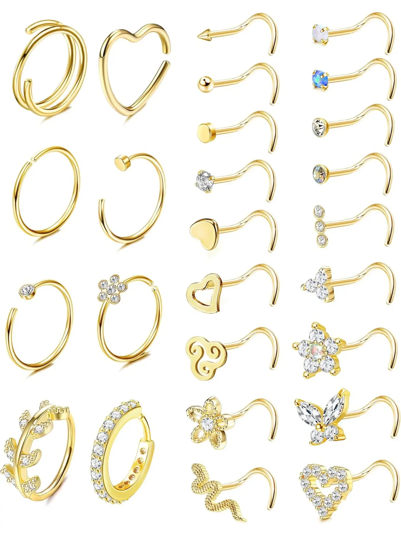 26 Pcs 20G Nose Ring Nose Hoop Nose Ring Hoops Nose Stud Steel Nose Piercings Set CZ Cubic Zirconia Shiny Septum Piercing Butterfly Snake Nose Studs Piercing Nose Rings Gold Silver Nose Piercings Jewellery for Women Men Nose Jewelry