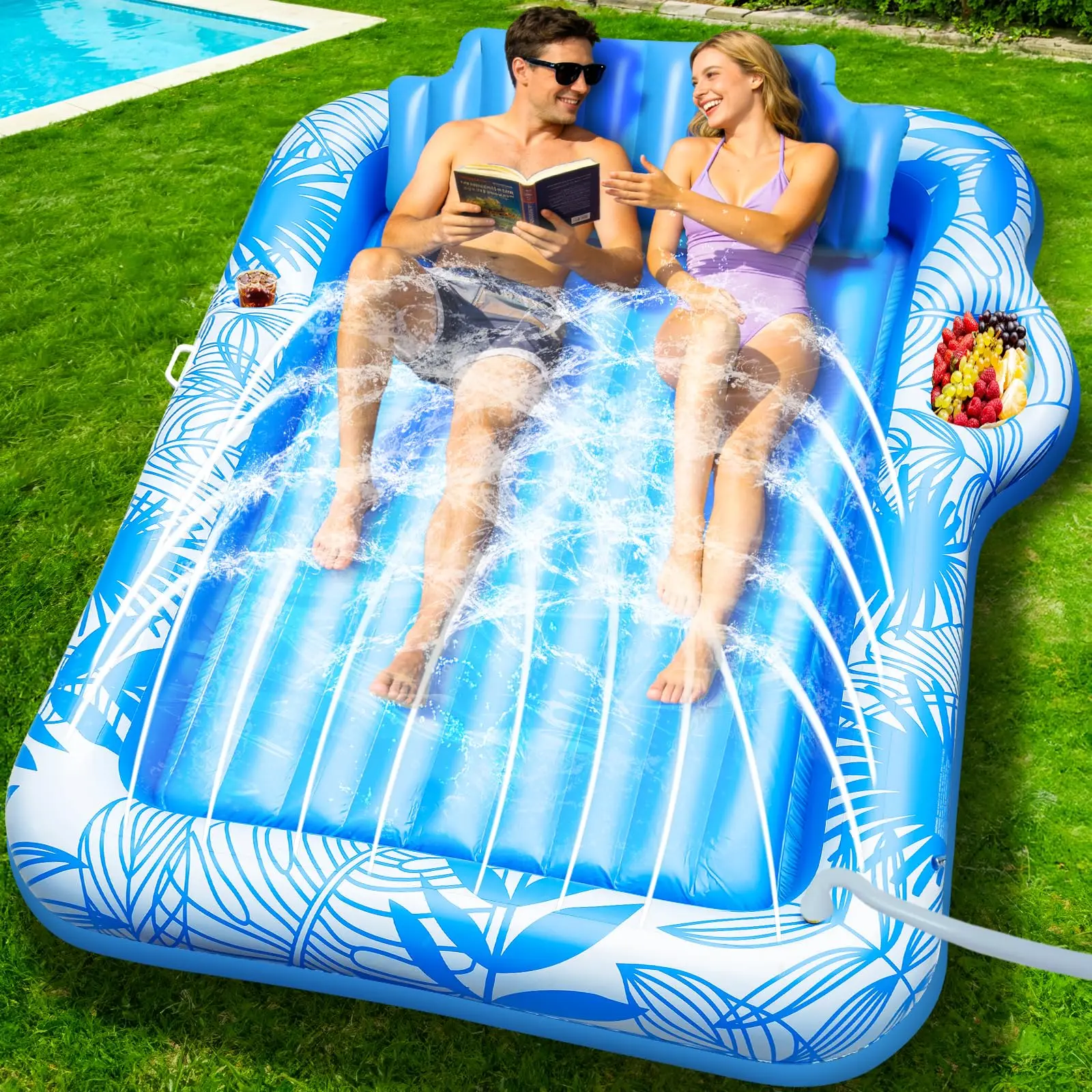 XL Inflatable Tanning Pool Lounge Float with Sprinkler & Cup Holder, 83"x60" Extra Large Pool Floaties for Adults w/Pillow, 4-in-1 Suntan Tub Raft, Sunbathing Bed for Water Use & Camping, Kids Ball Pit Gift, Self Inflating