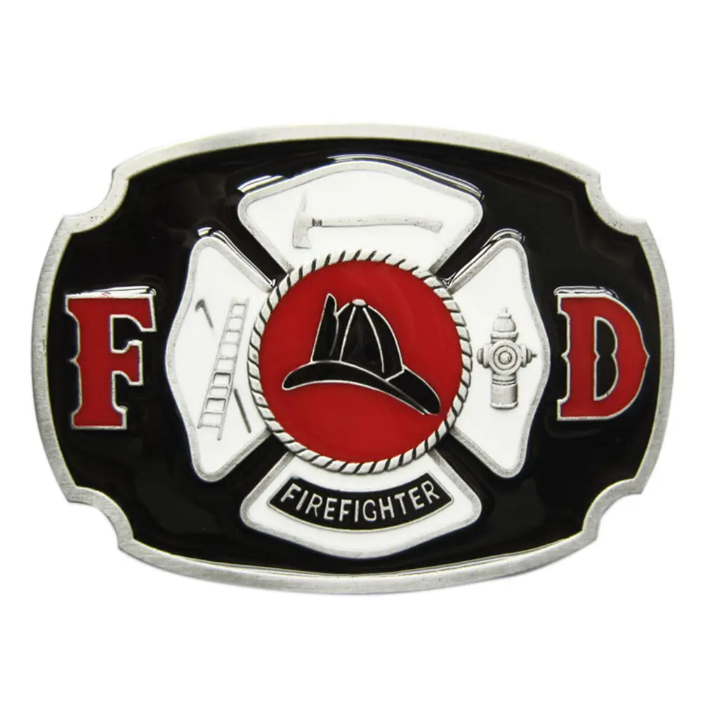 Vintage Style Alloy Brushed Antique Enamel Fire Hero Firefighter FD Decorative Buckle for Men's Belts