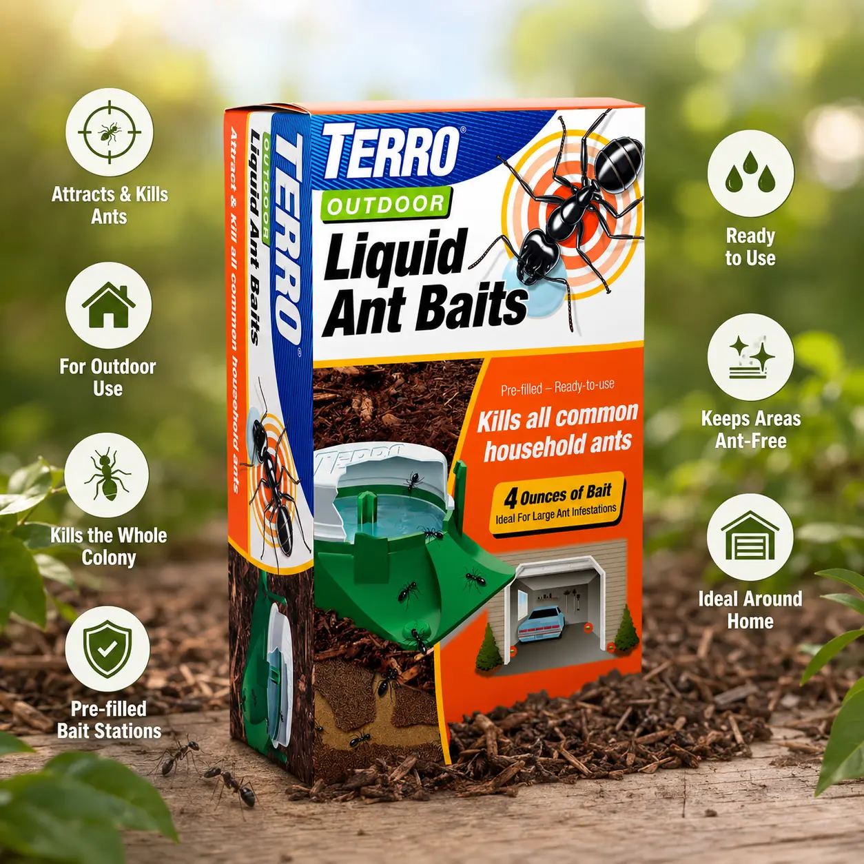 TERRO T1804-6 Outdoor Ready-Use Liquid Ant Bait Killer & Trap - Pre-Filled Stations for Outdoor Ant Kill, Eliminates Common Household Pests & Kills Colony - 4 Bait Stations