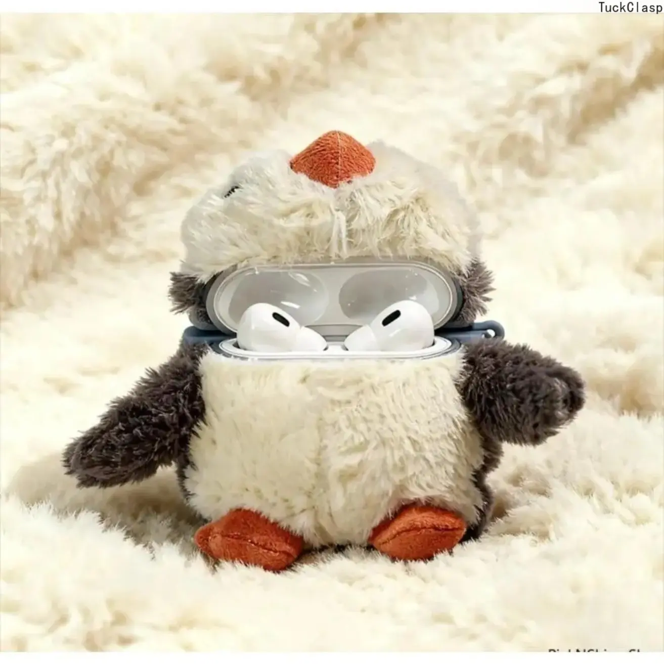Cute Penguin 3D Plush Fur AirPods Case – Soft & Shockproof Protective Cover, Fits AirPods 1/2/3/Pro/Pro 2, Fun Gift for Spring & Summer