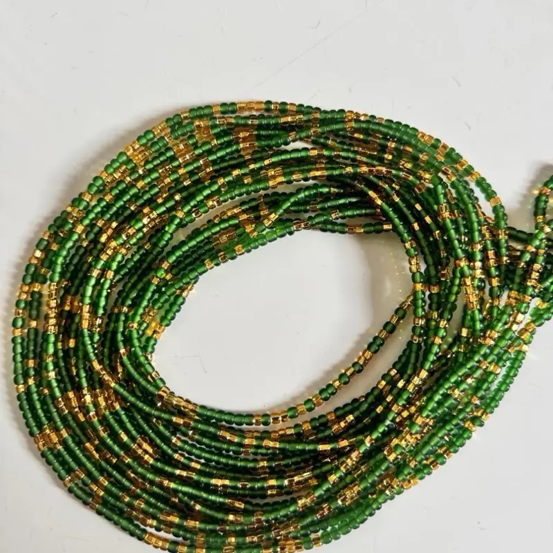 Emerald Green Waist Beads| Frosted Glass Beads & Gold Accents| Adjustable Jewelry| Tie-On (25-45 inches)