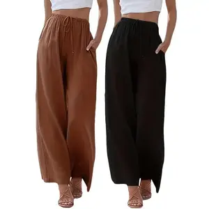 Women's 2-Pack Linen Wide-Leg Pants with Pockets - Casual Drawstring Comfortable Long Pants, Beige and Teal, Elastic Waistband, Breathable Fabric, Suitable for All Seasons