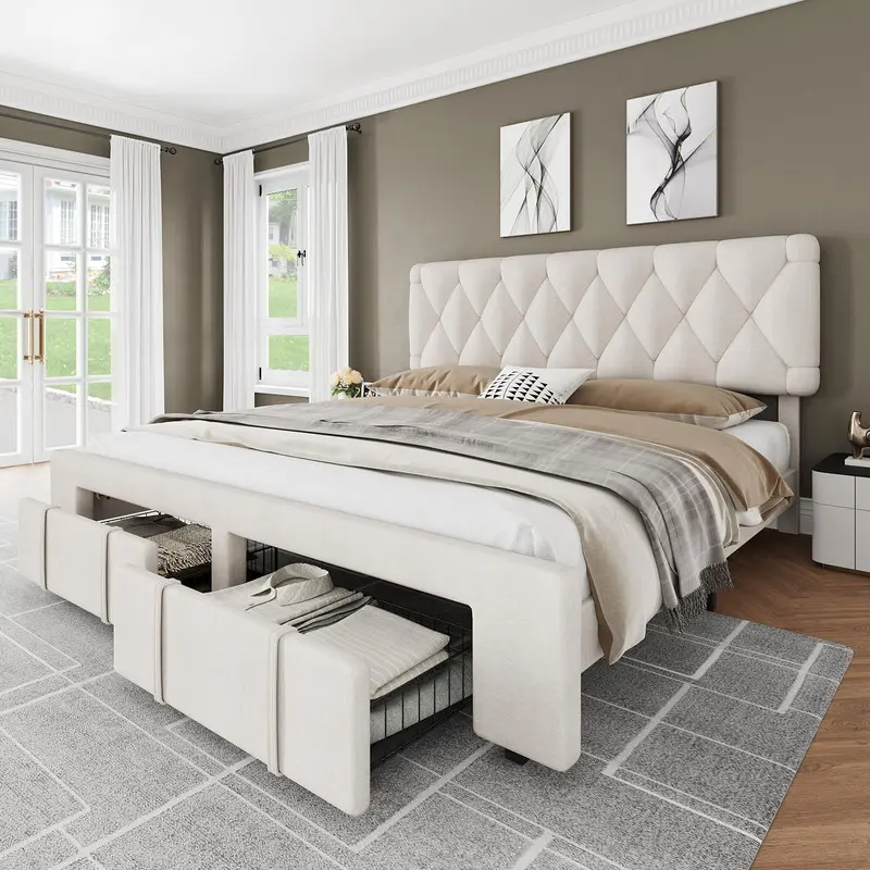 Queen Size Bed Frame, Upholstered Platform Bed Frame with Storage Drawers, Mattress Foundation with Solid Wooden Slats Support, No Box Spring Needed