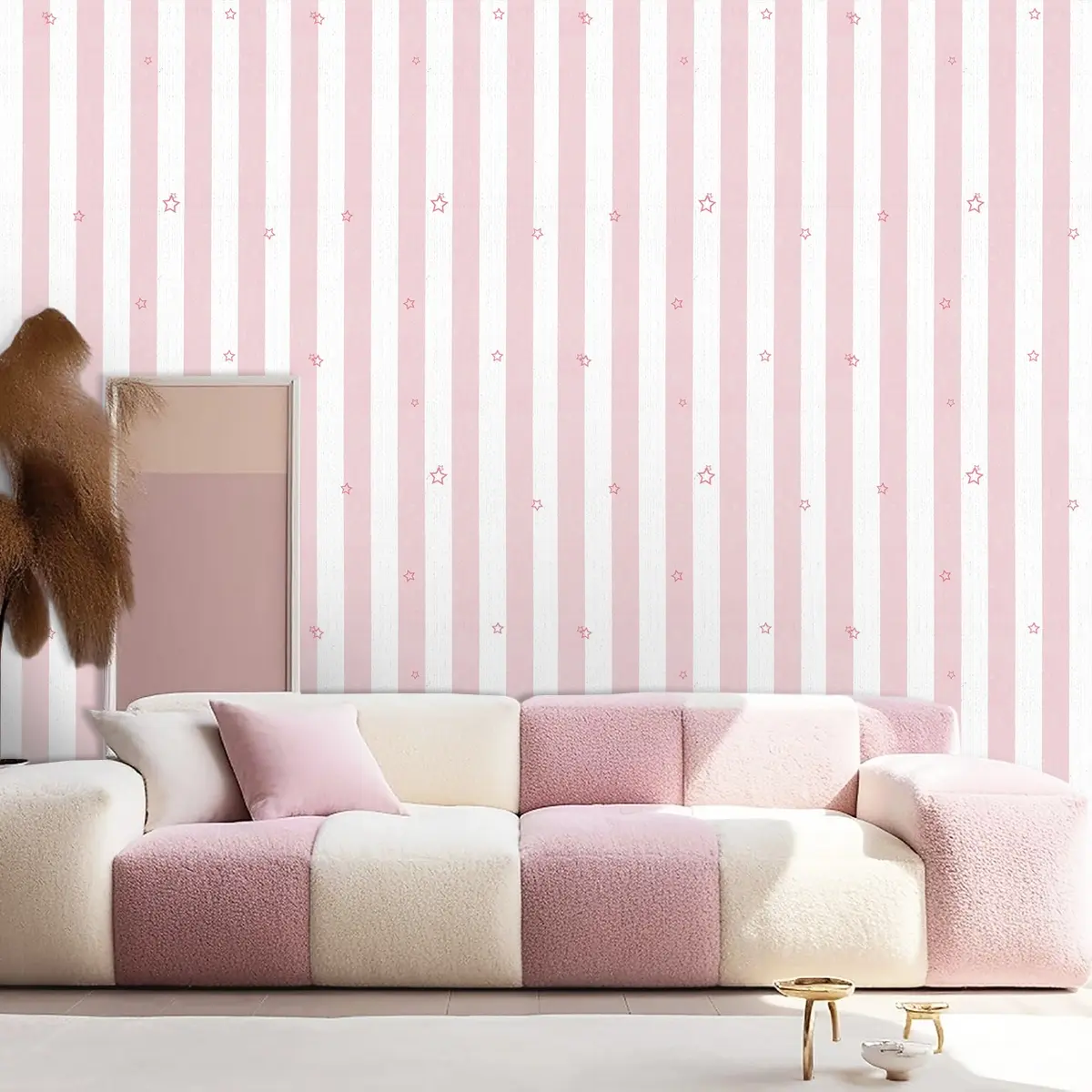A roll of pink and white vertical stripe bathroom peel and stick wallpaper - waterproof and detachable self-adhesive wall decoration, Decorative, easy to install and cut, suitable for girls' bedrooms, living rooms, TV backgrounds, furniture, decoration