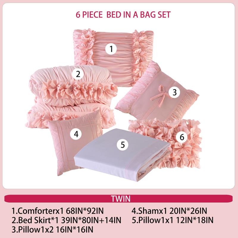 HIG 7 Piece Ruched Pleat Comforter Set White Romantic Bed in a Bag