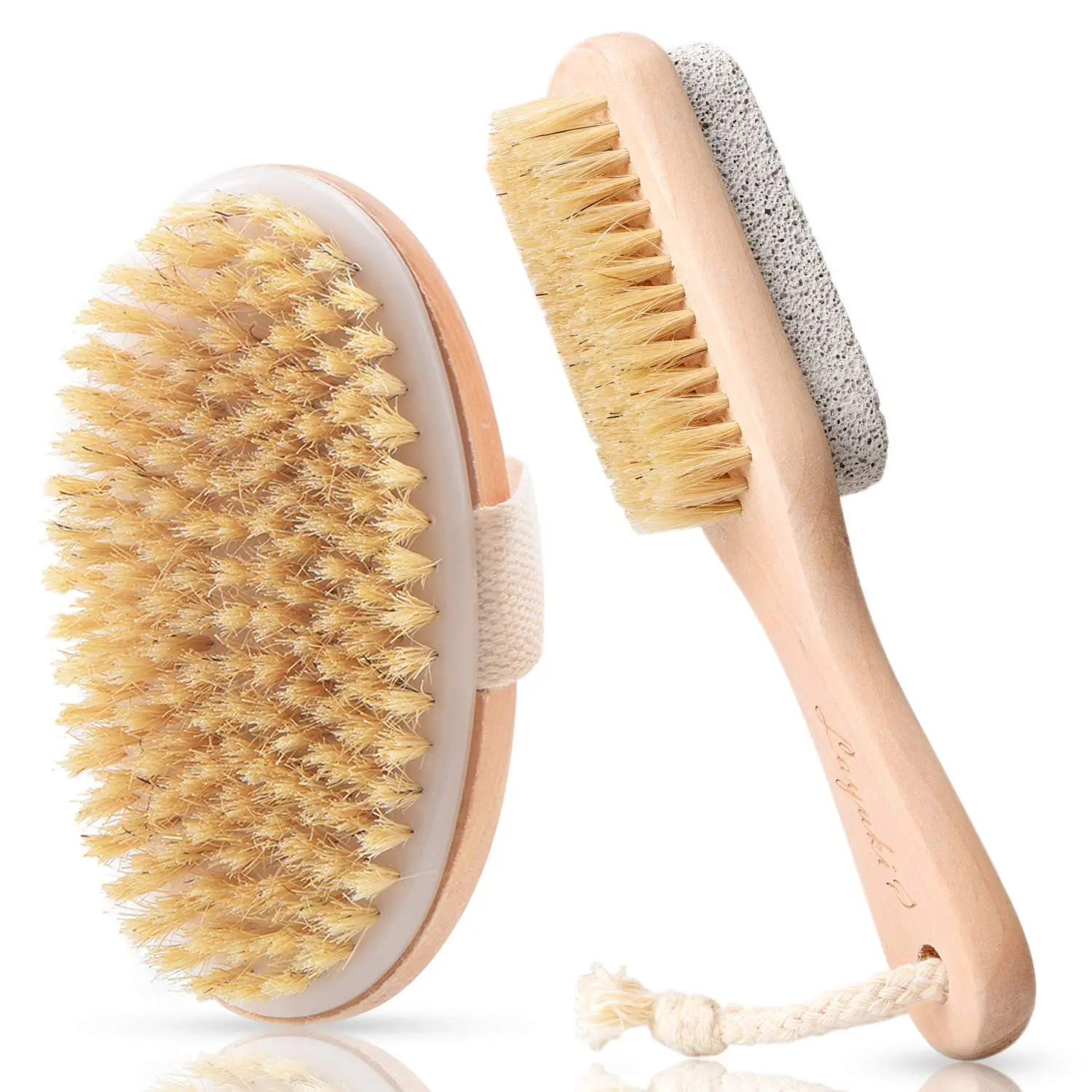 Wooden Shower Spa Brush - 2-Sided Oval Personal Full Body Scrubber Set with Bristles, Strap, Non-Slip Bath Accessories, Pumice Stone Scraper for Wet/Dry Exfoliation, Cellulite Massage (Dry Body Brushes Included), Body Skin Scrubber