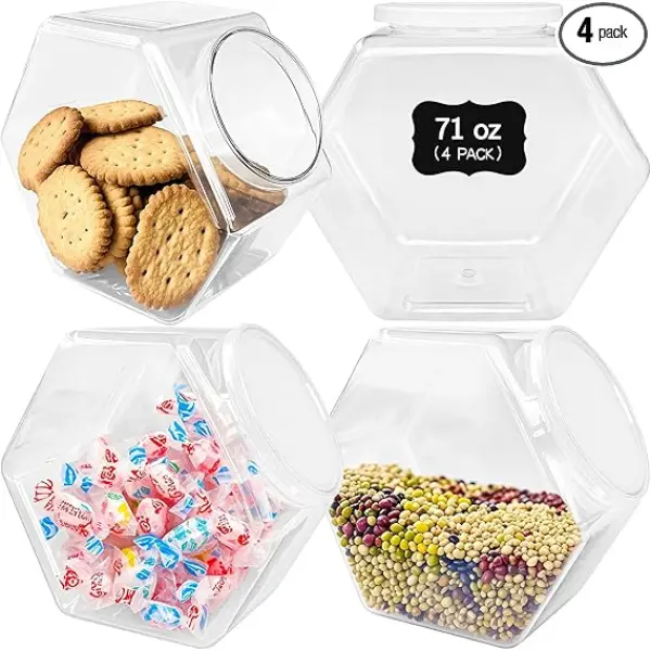 4 Pcs Plastic Candy Jars,71 Oz Clear Plastic Cookie Jars,Hexagonal Candy Containers with Lids for Kitchen,Dry Food,Candy,Dog Food,Cookies,Coffee Pod,Laundry Pod
