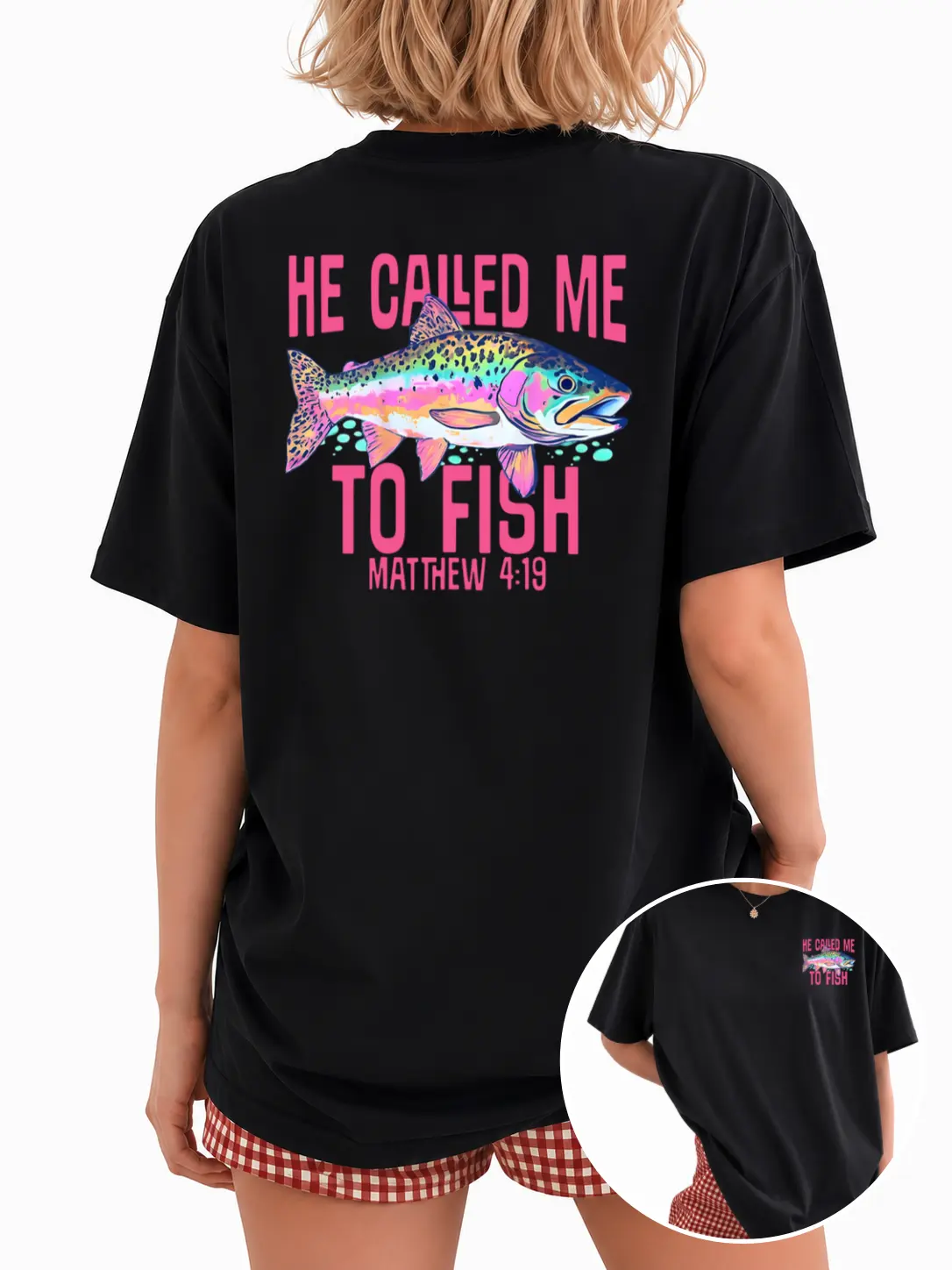 Retro T-Shirt Double Sided Printed (Pure Cotton T-Shirt) 'HE CALLED ME TO FISH' Letter And FISH Pattern Print, Womens Shirt Casual, Comfortable, Fashionable T-Shirt, Street Style Cotton