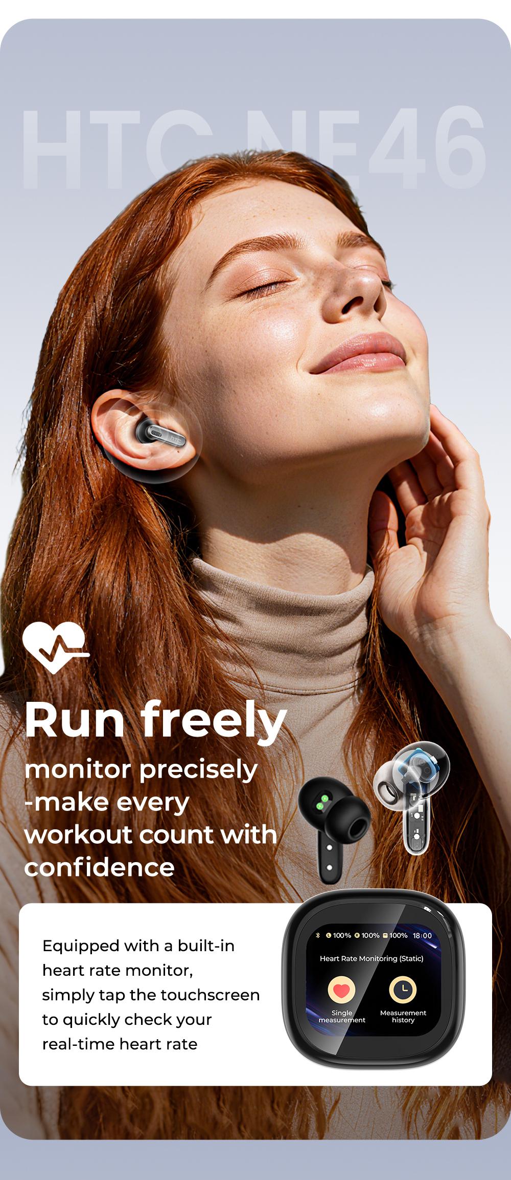 hTC NE46 Wireless Earbuds, Heart Rate Monitoring Earbuds, In Ear Earbuds, Bluetooth 6.0 Earphones, Blood Oxygen Monitoring Headphones, LED Smart Touch Screen Waterproof Audio Earbuds for Music & Calls, Comfortable for Sports