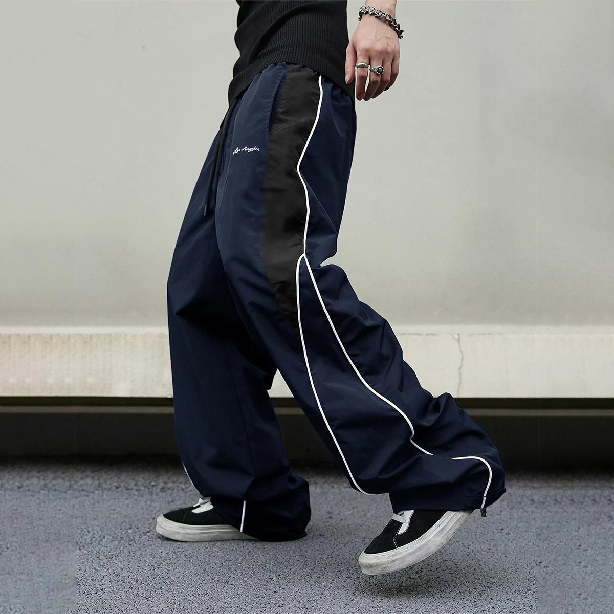Men's high street style contrasting color splicing side striped tied wide-leg pants, American retro Los Angeles printed design loose drape sweatpants, multi-color optional thin casual pants are suitable for spring and summer wear Men's high street style contrasting color splicing side striped tied wide-leg pants, American retro Los Angeles printed design loose drape sweatpants, multi-color optional thin casual pants are suitable for spring and summer wear