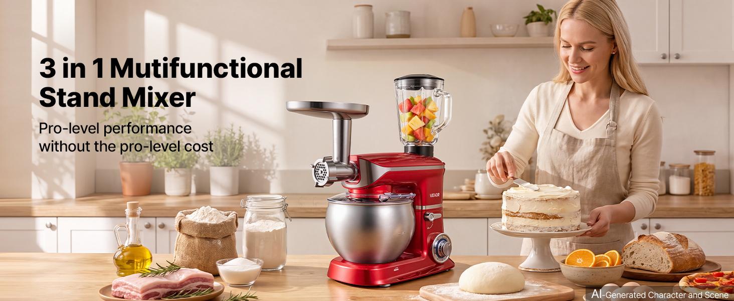 VEVOR 6.3 Qt 3-in-1 Tilt Head Stand Mixer 400W Electric Dough Mixer, Multifunctional Food Kitchen Mixer with Stainless Steel Bowl, Meat Grinder and Blender Attachments, Dough Hook, Whisk, Beater VEVOR 6.3 Qt 3-in-1 Tilt Head Stand Mixer 400W Electric Dough Mixer, Multifunctional Food Kitchen Mixer with Stainless Steel Bowl, Meat Grinder and Blender Attachments, Dough Hook, Whisk, Beater