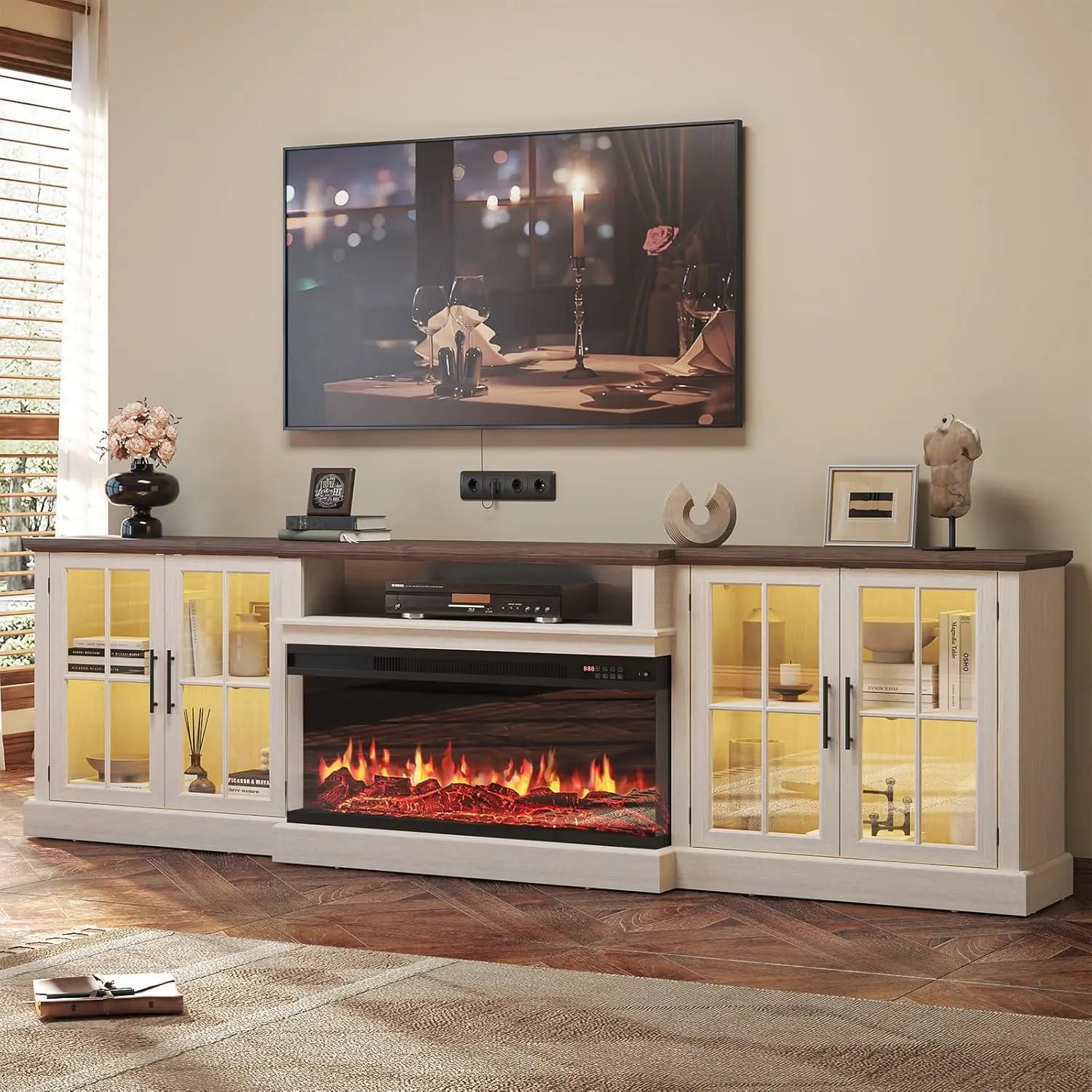 Aoxun Farmhouse Wood TV Stand for Living Room - 98in, 36in Fireplace TV Console for Up to 100in Screens, Media Center with Adjustable Shelves, Large Storage (White & Black, Assembly Required, Ships in 3 Boxes)
