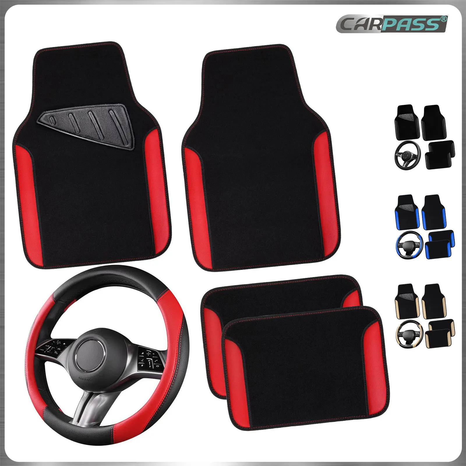 CAR PASS Faux Leather Floor Mats Steering Wheel Cover Set Waterproof, Anti-Slip, Universal Fit for SUVs,Vans,Sedans,Trucks