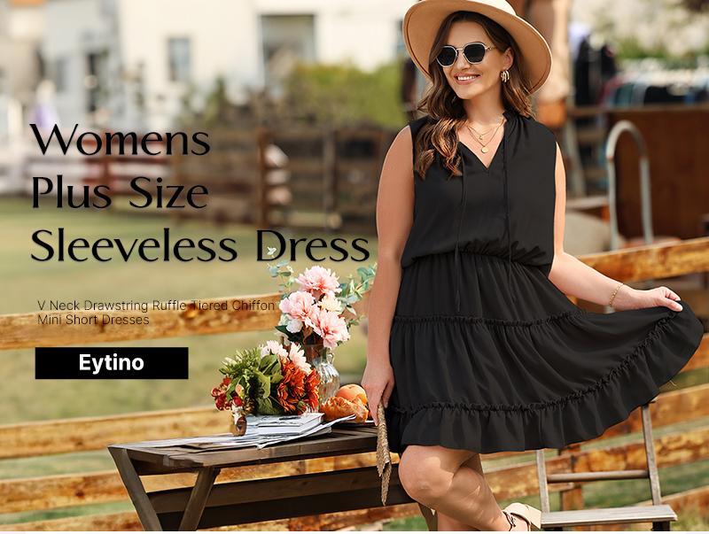 Eytino Womens Plus Size Sleeveless V Neck Drawstring Ruffle Tiered Chiffon Mini Short Dresses,(1X-5X)