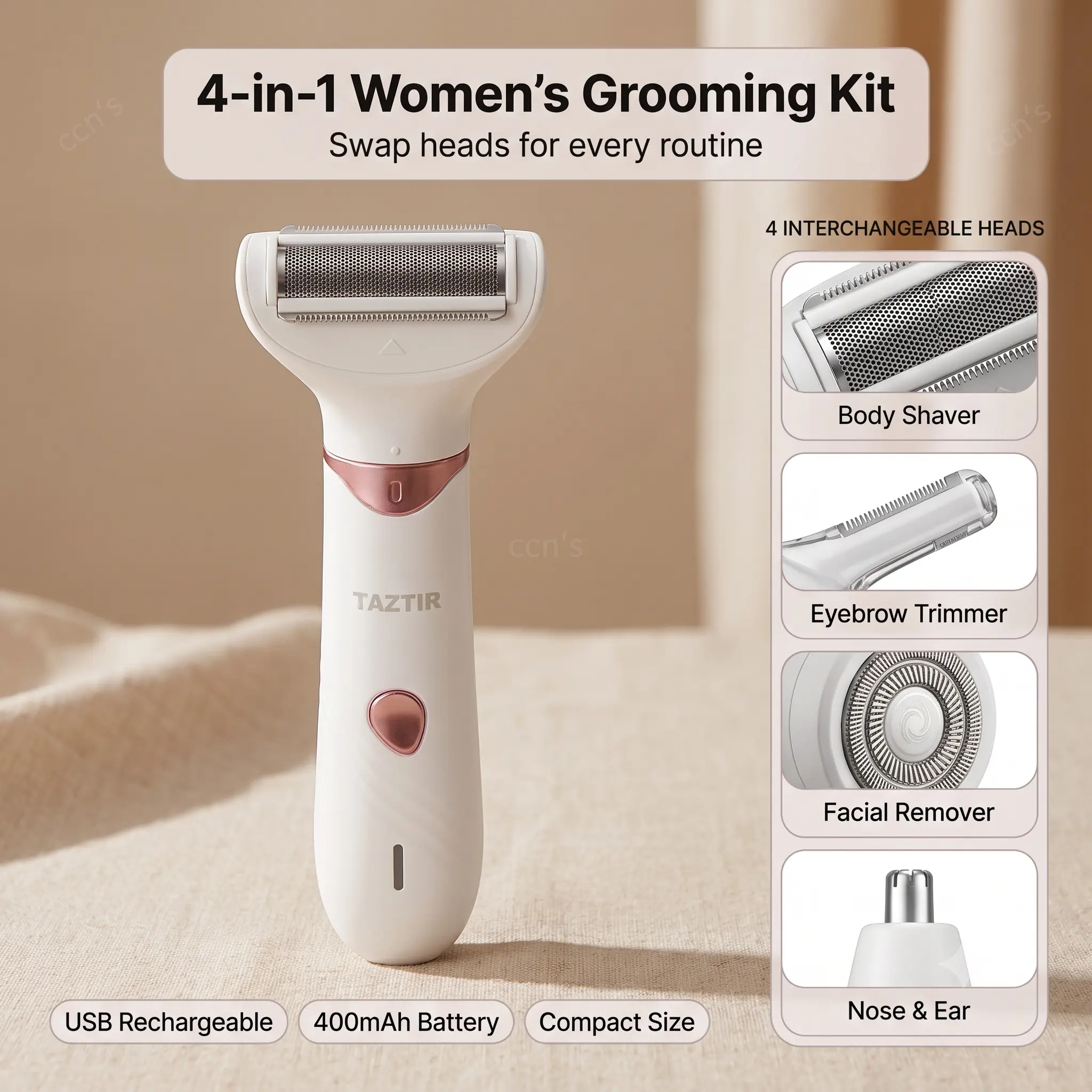 TAZTIR 4-in-1 Women's Shaver & Bikini Trimmer Kit,with 4 Interchangeable Heads ,Compact Size Body Shaver Eyebrow Trimmer Facial Remover Nose & Ear,Multifunctional Hair Shaver electric