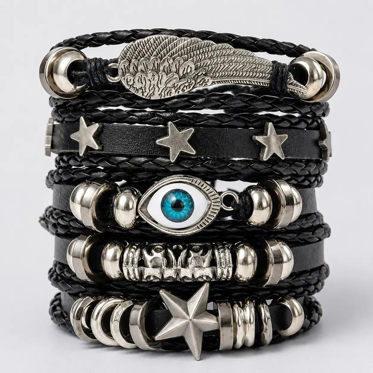 6pcs/Set Black Punk Skull & Star Shaped Alloy & Pu Leather Bracelet