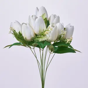 White Silk Tulip Bloom & Leaf Stem Bouquet Faux Floral Spray  - 19"