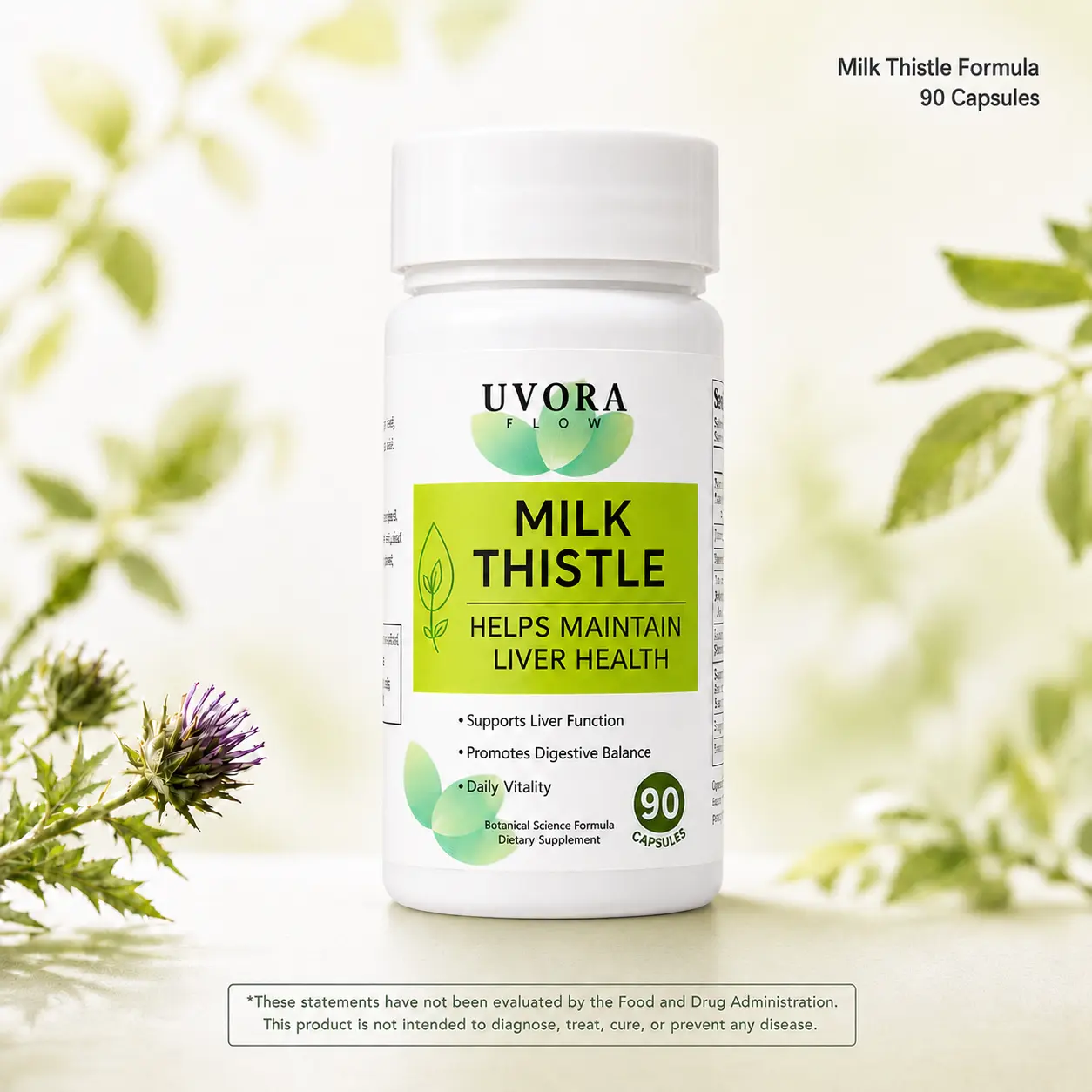UVORA Flow Milk Thistle Dietary Supplement Capsules - 90 Count for Adults, Ambient Multi-Botanical Formula with Milk Thistle Extract, Turmeric, Vitamin C, Inositol, Liver Support, Prop 65 Safe, Daily Supplemental Nutrition Support