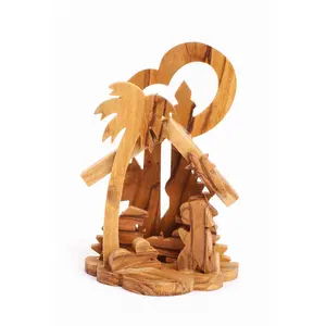 Olive Wood Nativity Scene_ Carved Grotto with Candle Background