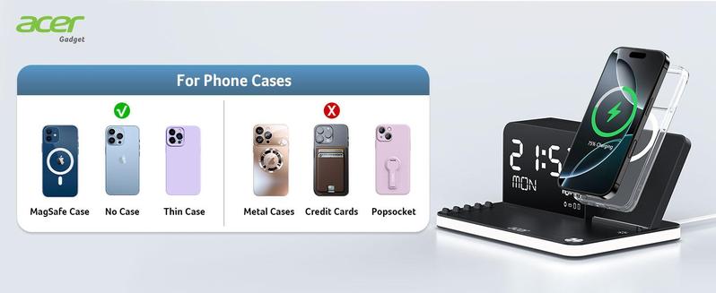 Acer 7 in 1 Wireless Charging Station Charger with Clock, LED Night Light & Temperature Display, USB-A & USB-C, Magnetic MagSafe – for iPhone, Android Phone, Apple Watch & AirPods, Gift