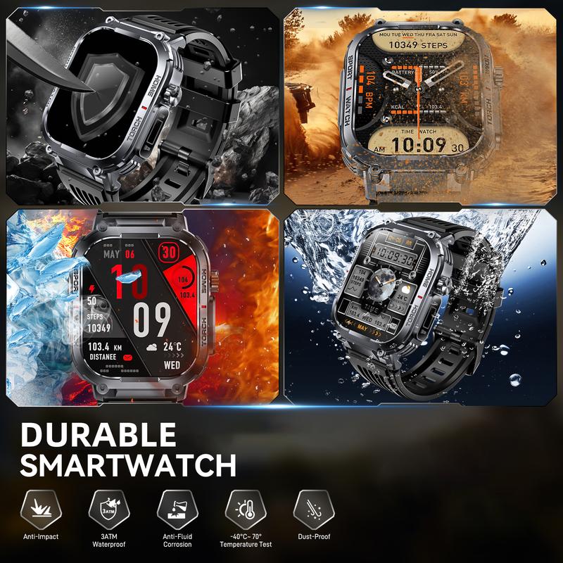 3ATM Waterproof Outdoor Smart Watch for Men with Call Make/ Answer 100+ Sports Modes Pedometer Compass Multifunctional Smartwatch Compatible with iPhone Android Phones Digital Watch Gifts for Men