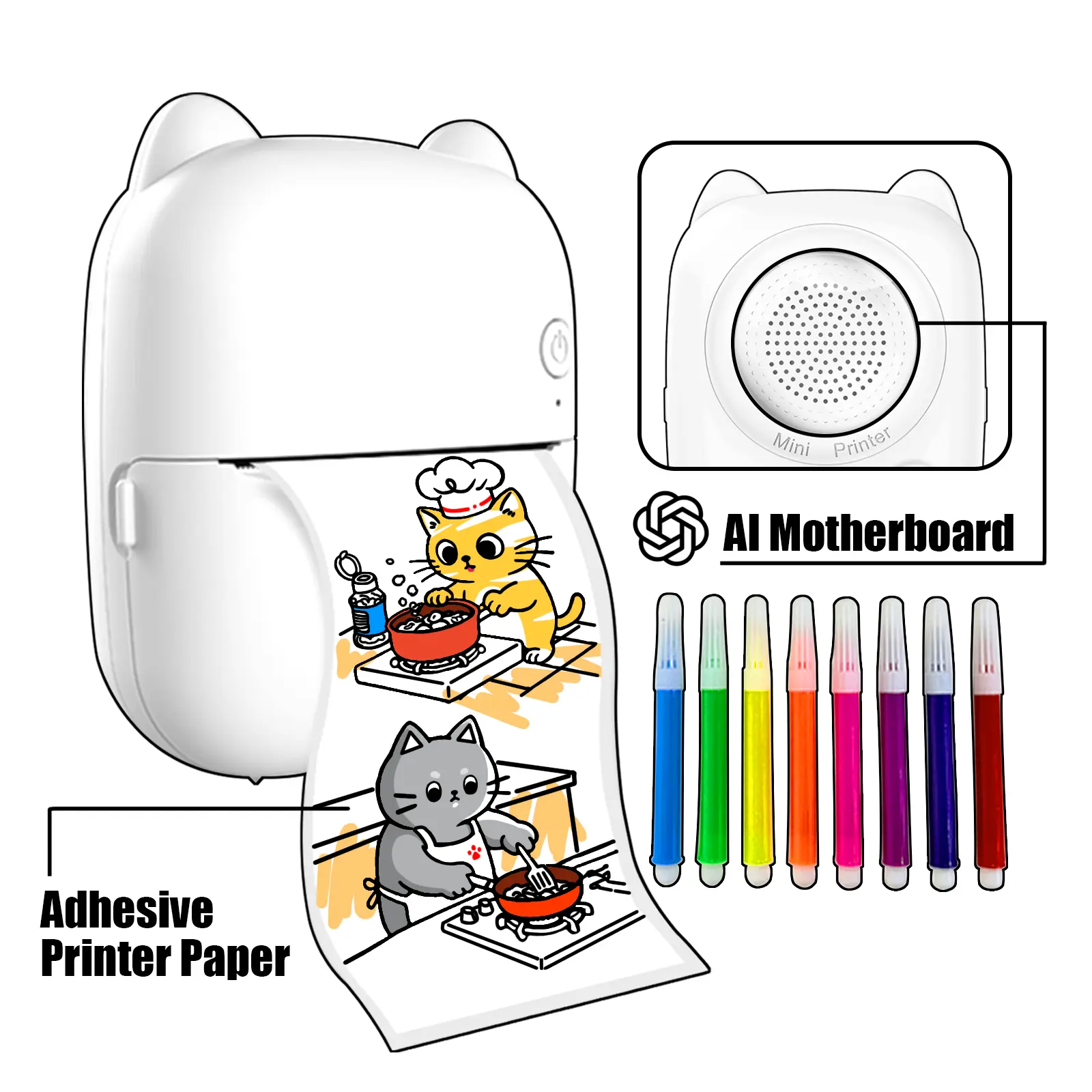 Mini AI Kids Interactive Printer Toy, Portable Label Printer, Sticker Maker for Kids Gift, Built-in ChatGPT Toy (with APP, Regular＆Adhesive Printing Paper, Type-C Cable and DIY Watercolor Pen)