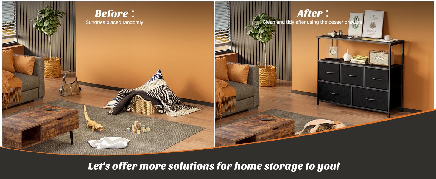 Sweet Furniture Dresser TV Stand, Entertainment Center with 5 Fabric Drawers, Media Console Table for TV with Open Storage Shelf Dresser for Bedroom