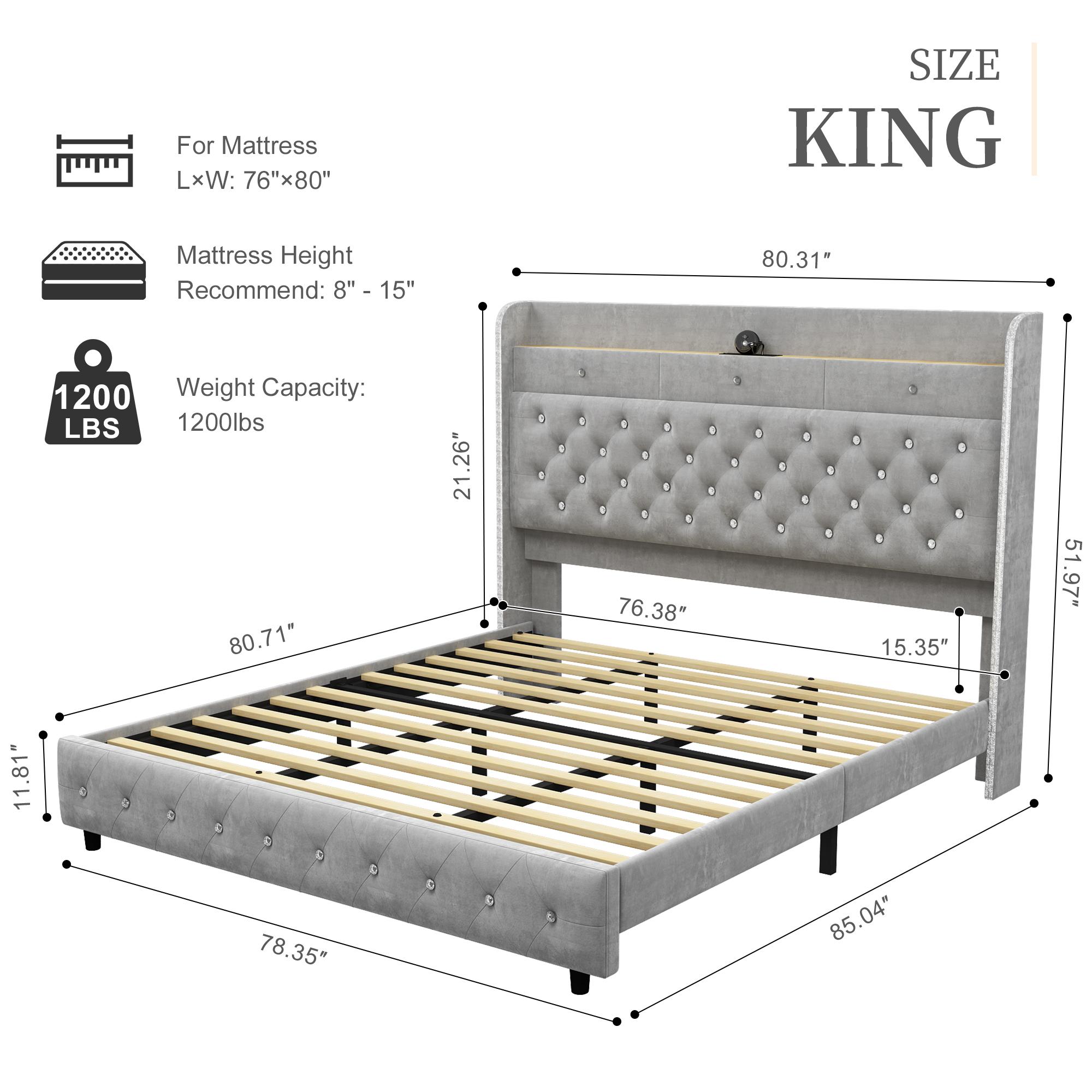 Queen Led Bed Frame with Galaxy Aurora Star Projector, Queen Platform Bed with Charging Station, 52" Upholstered Hidden Storage Headboard with Wingback, Noise Free, No Box Spring Needed, Velvet Grey