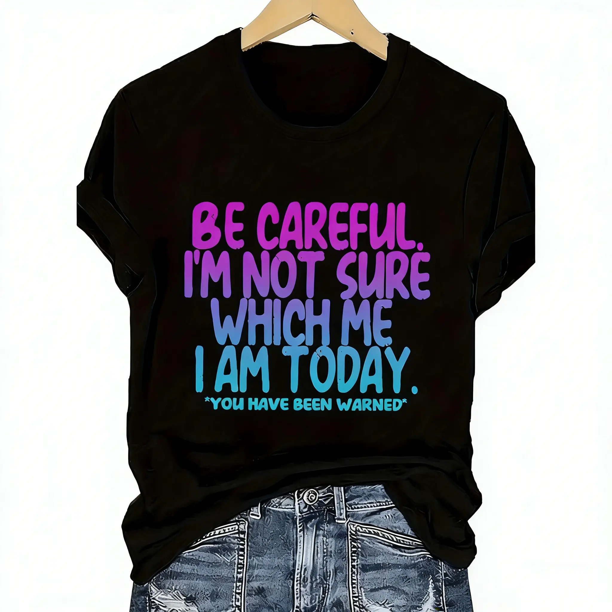 Womens Plus Size Humorous Be Careful Im Which I Graphic T Shirt Colorful Letter Print Loose Neck Short Sleeve Summer Tee Machine Washable Black Casual Top Text Shirt Ladies T Shirts Black