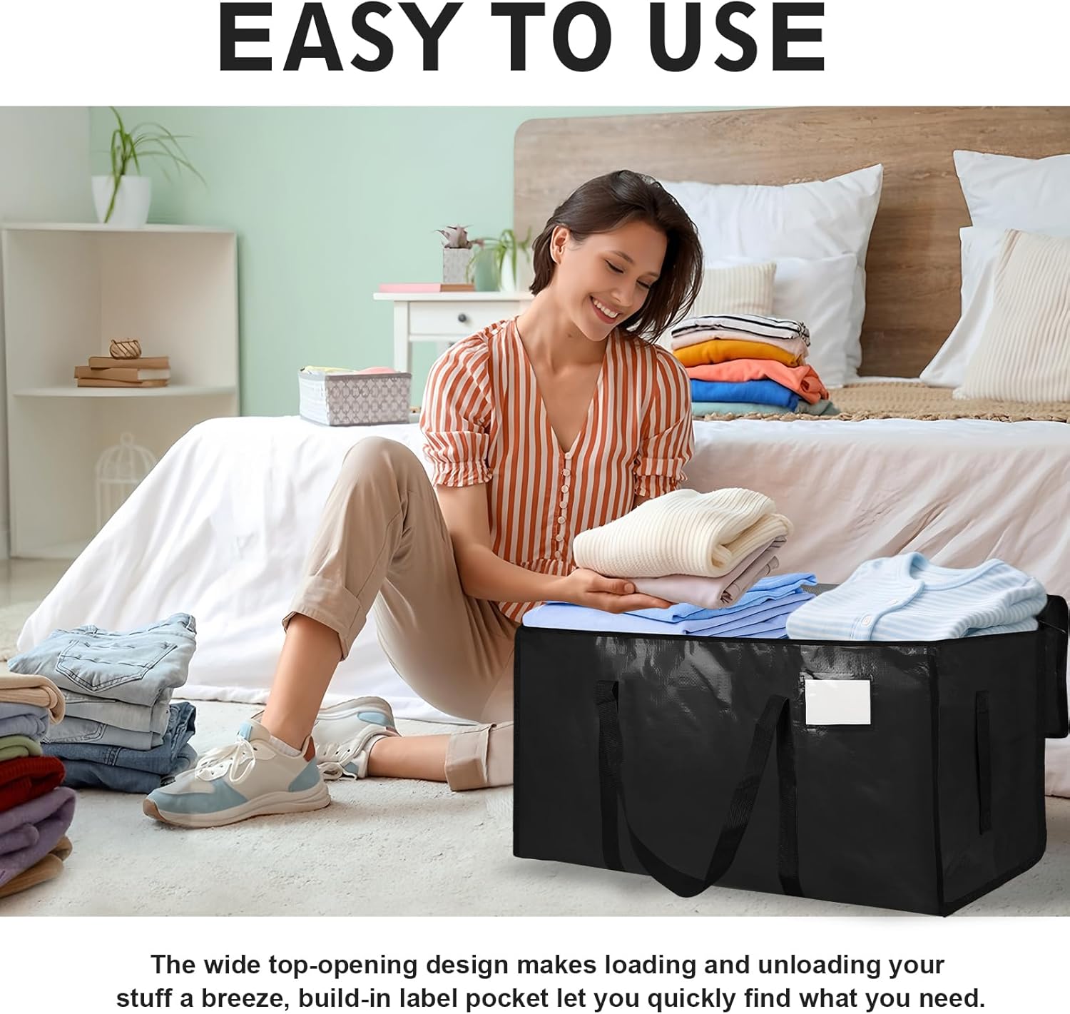 4-Pack Classic Heavy-Duty Organiser Bags, Waterproof Foldable Storage Totes with Handles & Zippers, 4-Set Home Organizers for College Dorm Daily Use (Black)