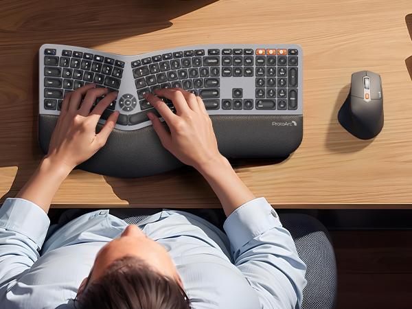ProtoArc Ergonomic Wireless Keyboard Mouse, EKM01 Plus Full Size Ergo Bluetooth Keyboard Mouse Combo,Split Design,Wrist Rest,Multi-Device,Rechargeable