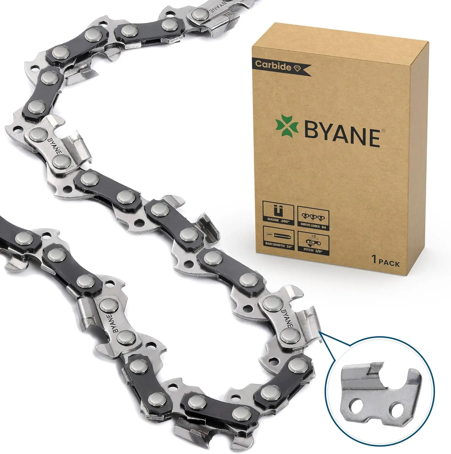 24-Inch Carbide Chainsaw Chain, 3/8" Pitch, .050" Gauge, 84 Drive Links for Husqvarna 455, 460 Rancher, Stihl MS290, MS362, and Echo CS-590
