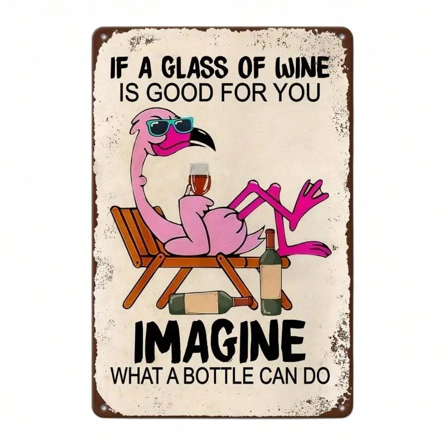 1pc Apricot Flamingo Vintage Iron Tin Sign - Funny "If 1 Glass Of Wine Is Good For You Imagine What 1 Bottle Can Do" Indoor Wall Decor, Suitable For Home Bar, Ideal Best Gift For Adult Wine Lovers (Home Supplies)