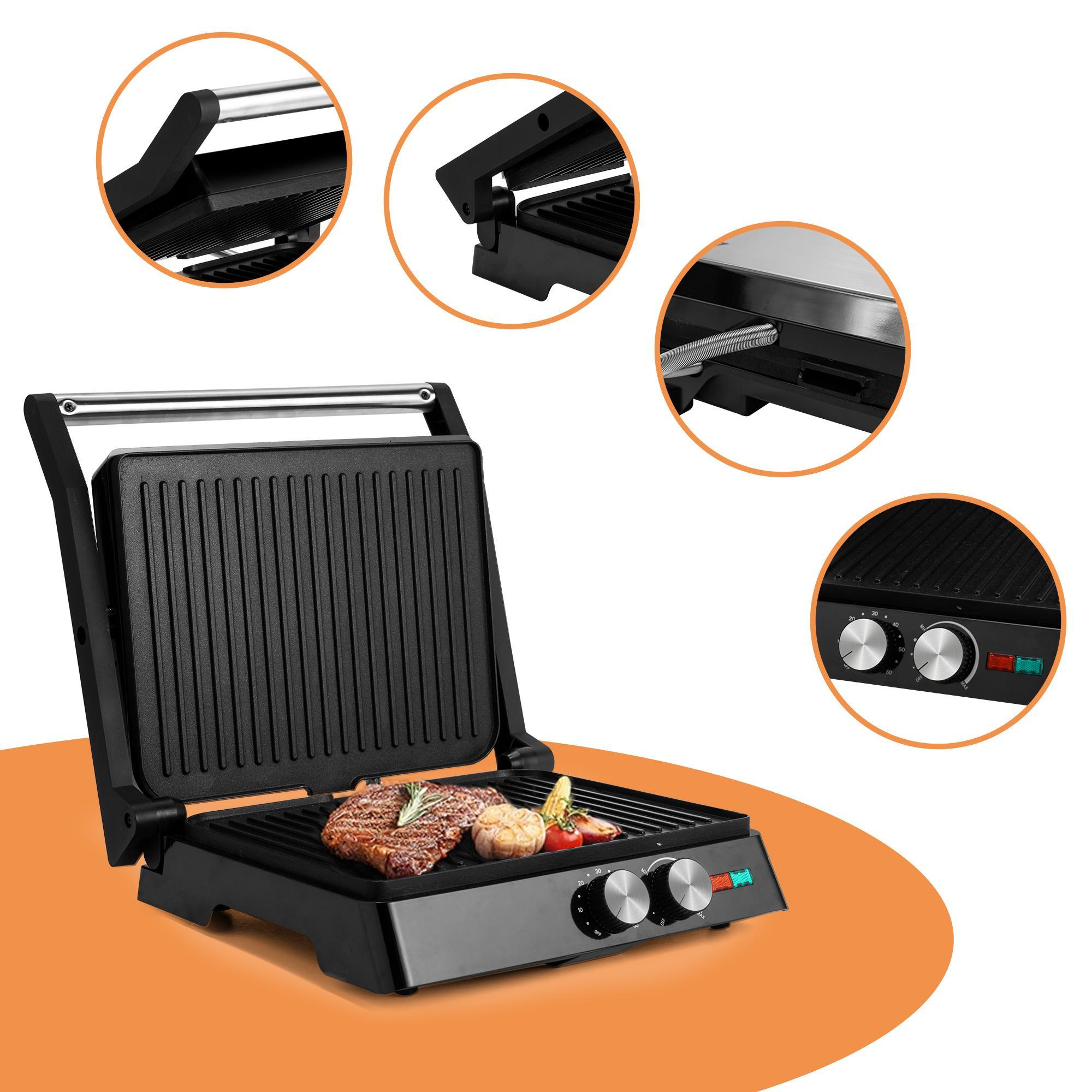 SUSTEAS Indoor Electric Grill -Panini Grill with Non-Stick Cooking Plate, Gourmet Grill with 180 Degrees of Adjustability, with Grease Collection Tray