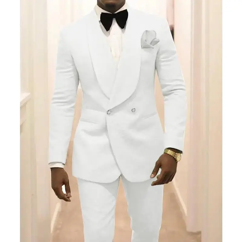 Formal Cotton Blend Men's Suits, 2-Piece Shawl Lapel Tuxedo Set with Tie, Longsleeves Menswear for Wedding Groomsmen, Tuxedo Suit Set