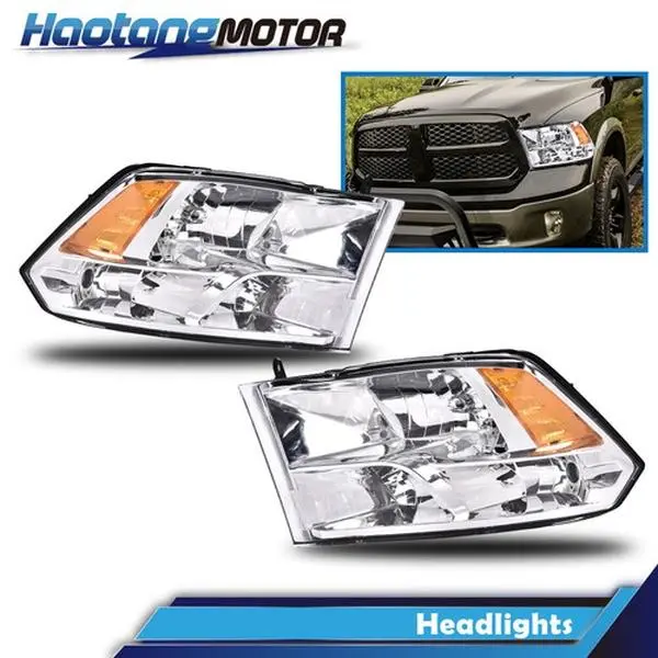 CROSSDESIGN Chrome Housing Amber Corner Car Headlights, Replacement Head Lamps Fit For 09-12 Ram 1500, 2500, 3500