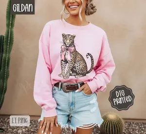 Coquette Leopard Sweatshirt, Trendy Women's Crewneck