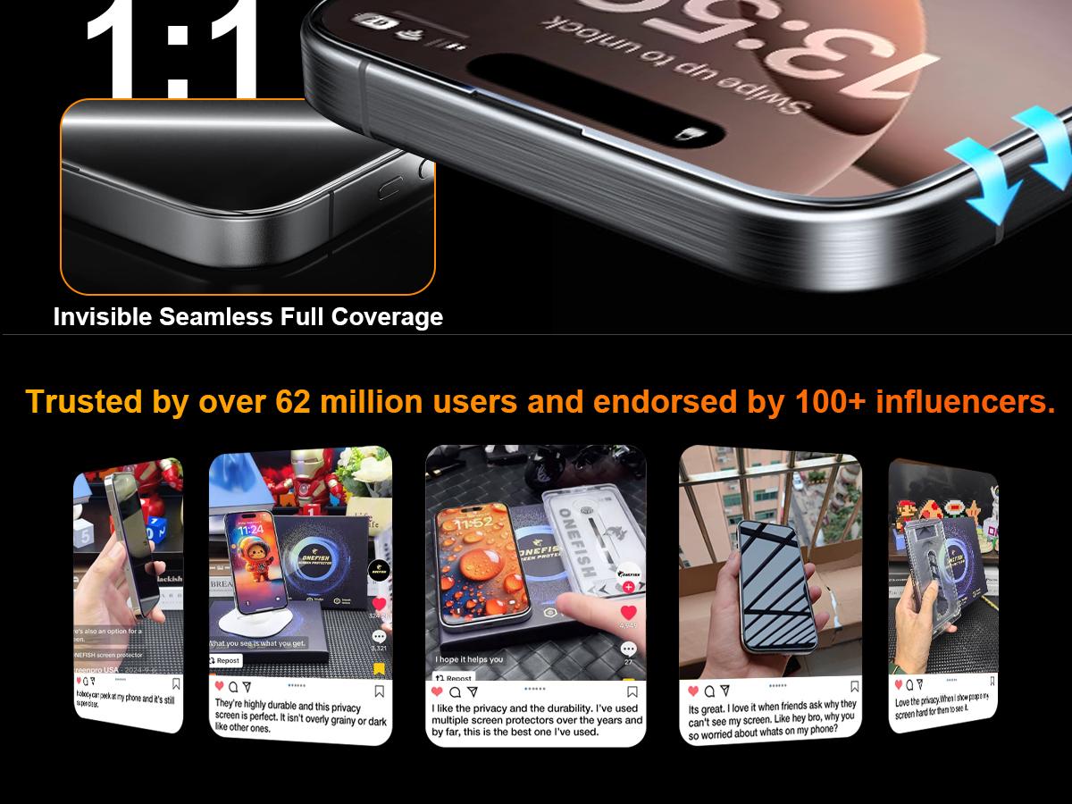 One Fish[2PCS] 360° Privacy [4 sides Privacy] Screen Protector [UP, DOWN, LEFT, RIGHT] Anti-Spy, Tempered Glass, Full Protection.