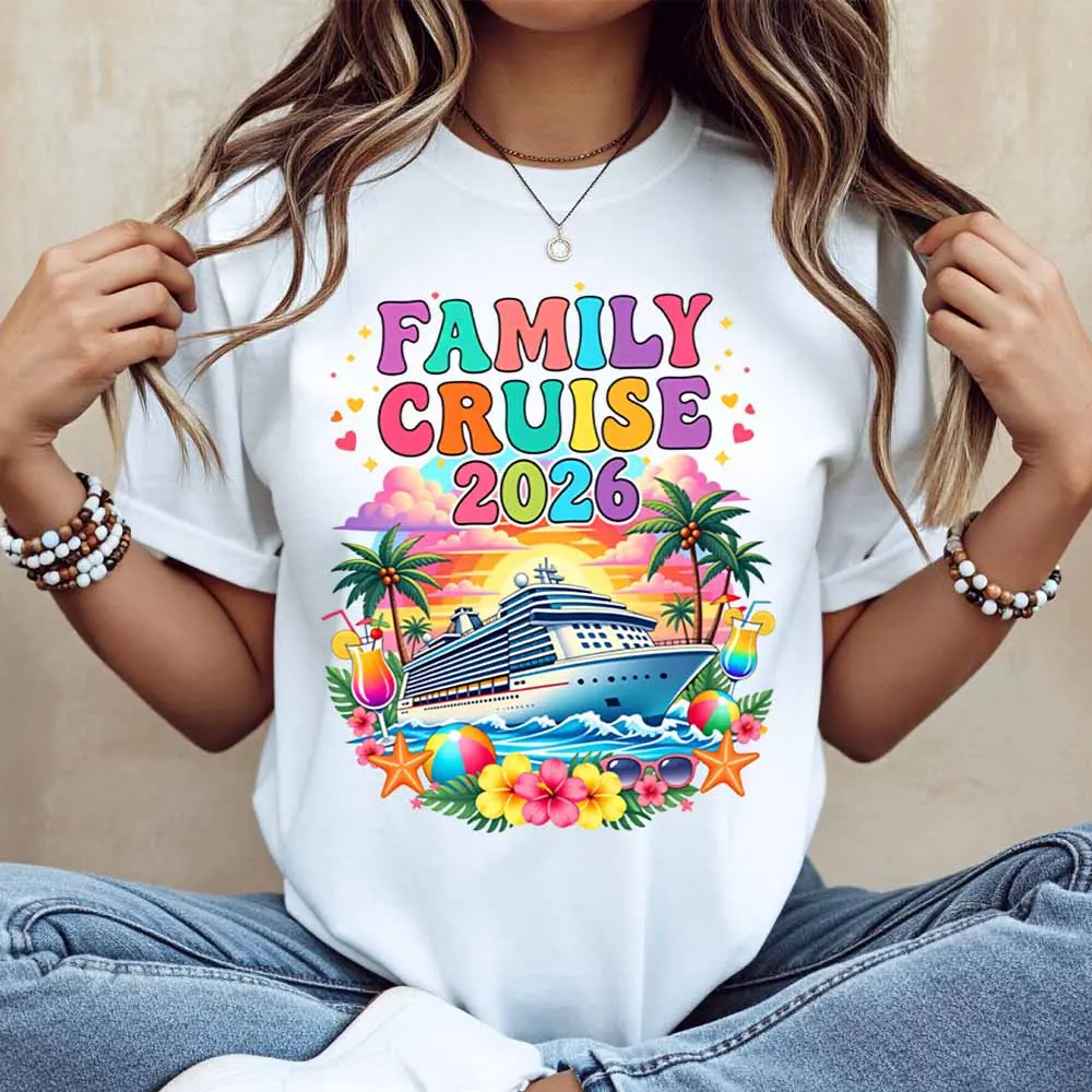 Family Cruise 2026 Tropical Ship And Palm Tree Print T Shirt Women Casual Short Sleeve Top Summer Vacation Outfit