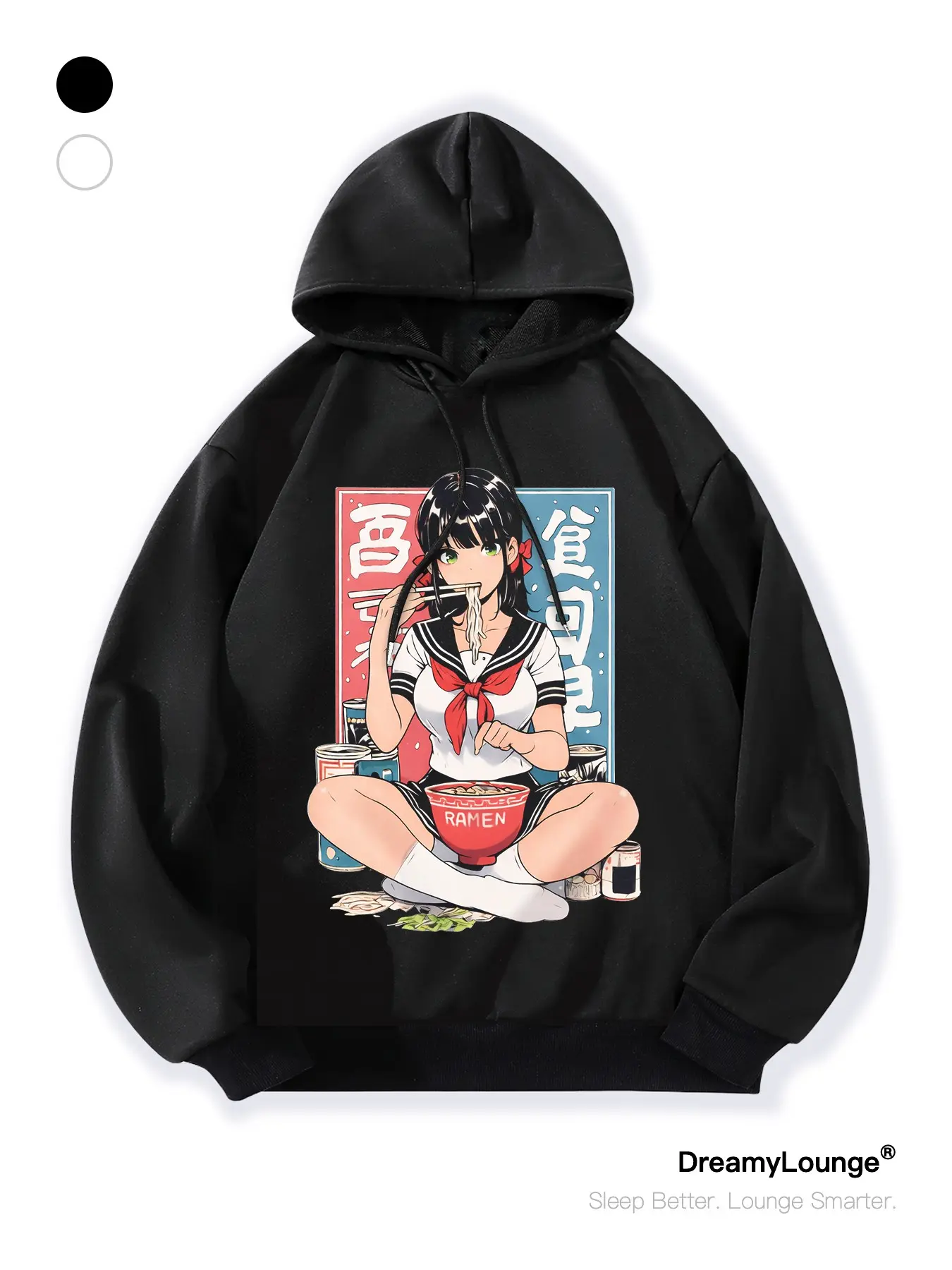 Japanese Anime Street Style Sailor Girl Eating Ramen Graphic Loose Fit Hoodie, Casual Breathable Outdoor Sportswear, Daily Wear at Home or Outdoors, Casual Hooded Sweatshirts