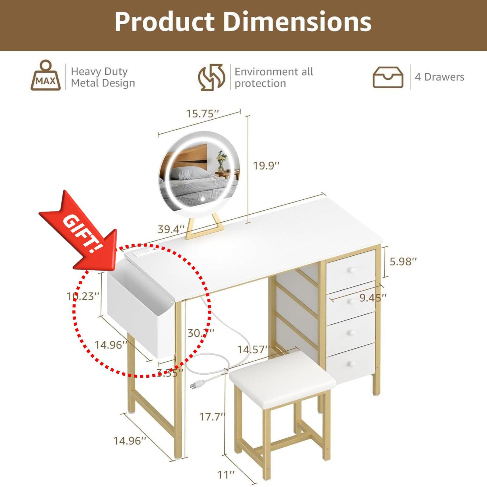 Gold Vanity Desk with Mirror and Light- Makeup Vanity Set Table with Chair, Storage, Lighted Mirror, 4 Large Fabric Drawers & Power Outlet, Dressing Table Vanities for Girls Bedroom Get Free Gift