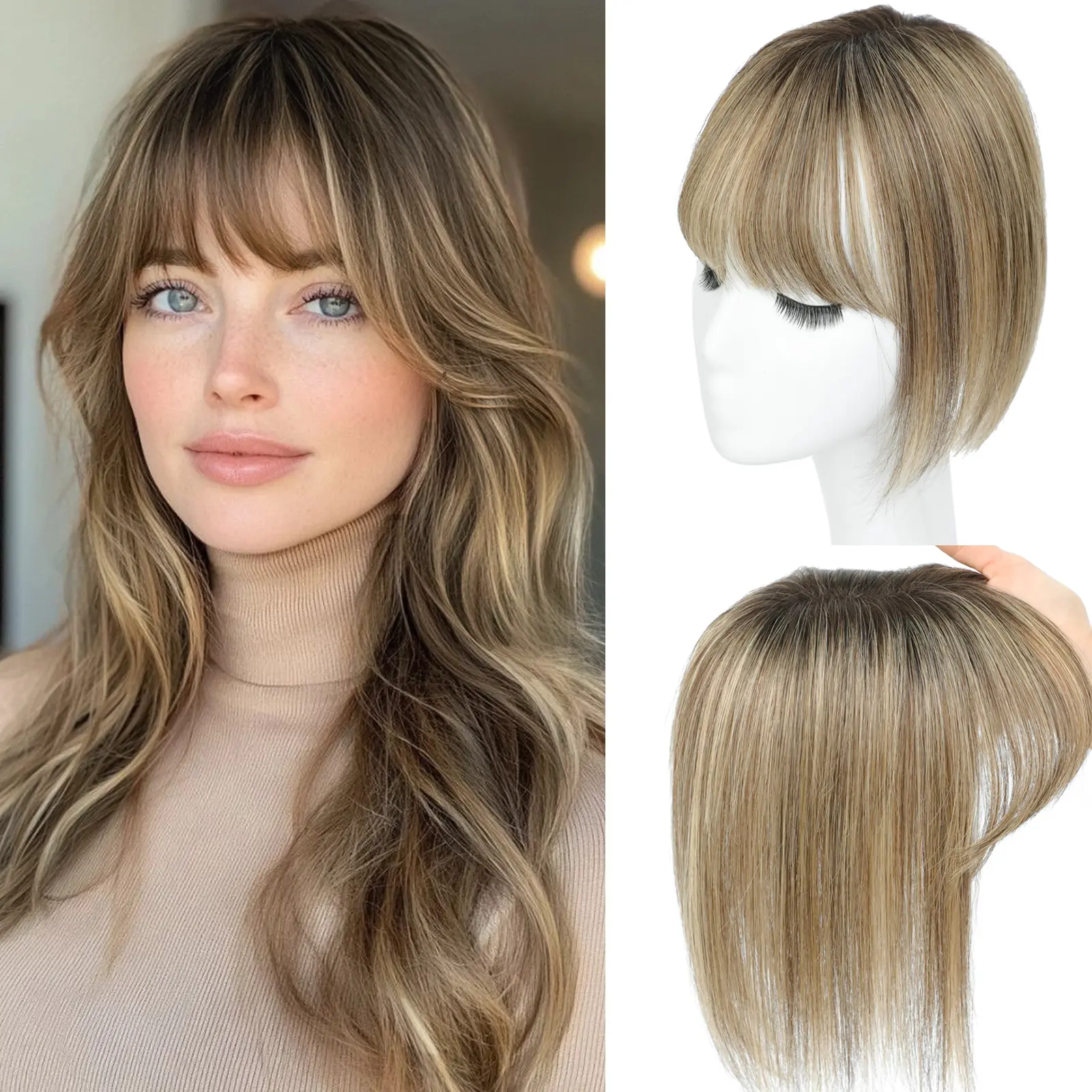 10 Inch Glueless Real Human Hair Topper with Bangs, 3×4.5 Inch Swiss Base, Clip‑in Hairpiece for Thinning Hair Women