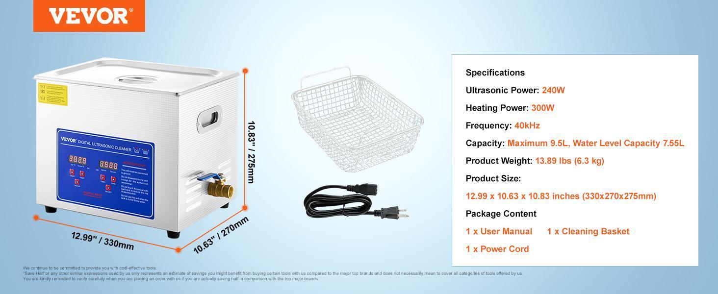 VEVOR Ultrasonic Cleaner for Professional Cleaning - Digital Timer & Heater, 40kHz Frequency and Stainless Steel Industrial Sonic Cleaner for Jewelry, Glasses, Watches, and Small Parts