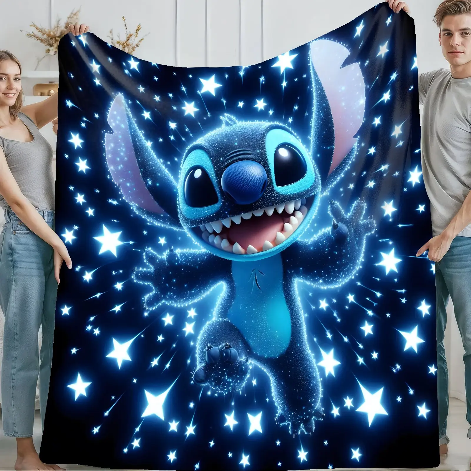 [SummerVibes] DISNEY CLASSIC Stitch Black Flannel Blanket with Blue Stars - Soft Warm Cozy Throw for Bed, Sofa, Office & Camping