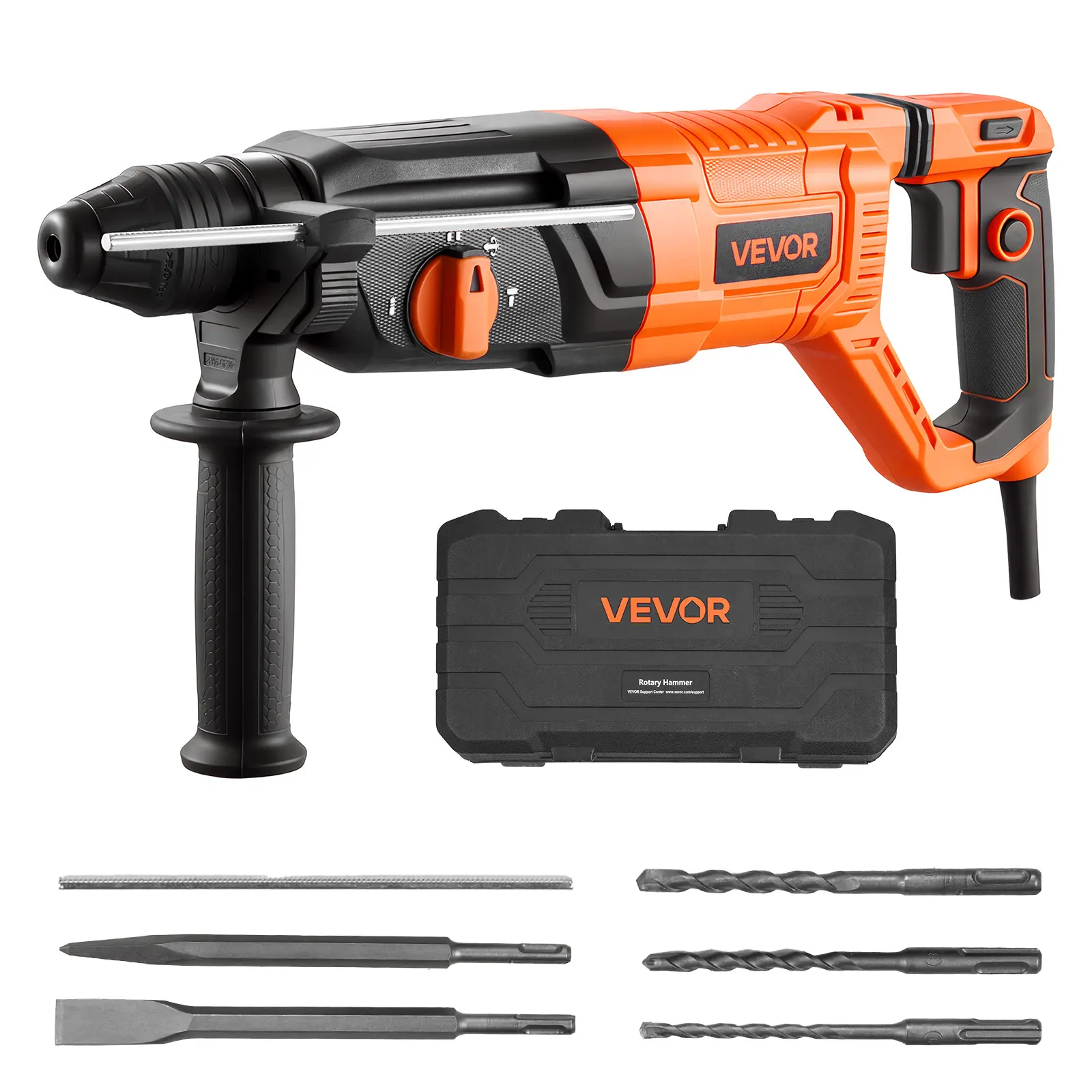 【summerfinds】VEVOR Rotary Hammer Drill, 1-1/8 in SDS-Plus Electric Corded Heavy Duty Rotary Hammer, 4 Functions, Including 3 Drill Bits, Flat Chisel, Pointed Chisel, and Carrying Case, for Concrete and Masonry, Corded Hammer Drills