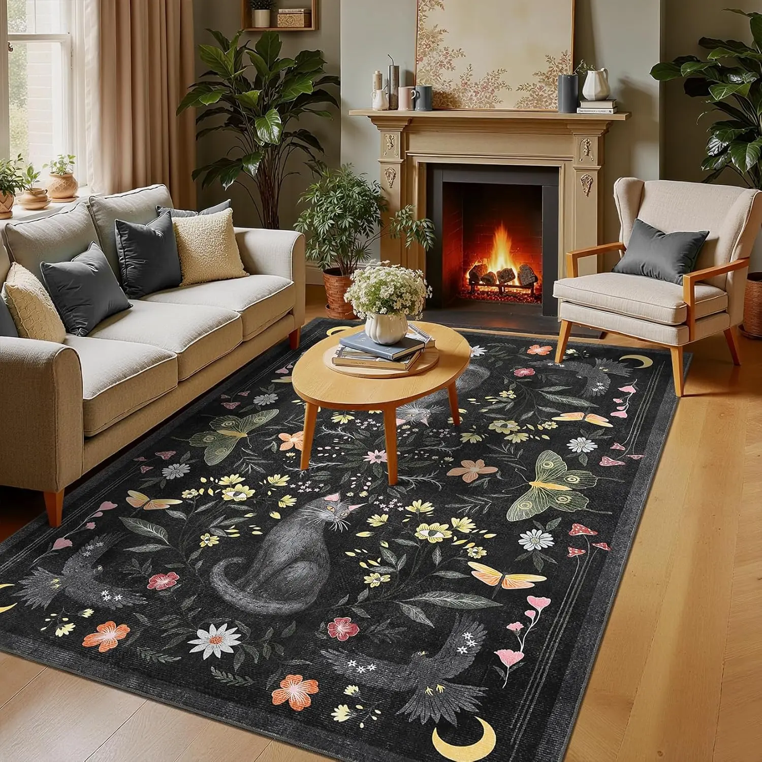 Cat Area Rug Soft Black for Living Room Bedroom, Low Pile Non Slip Animal Print Throw Rug Indoor Carpet for Dorm Playroom Decor summerwins