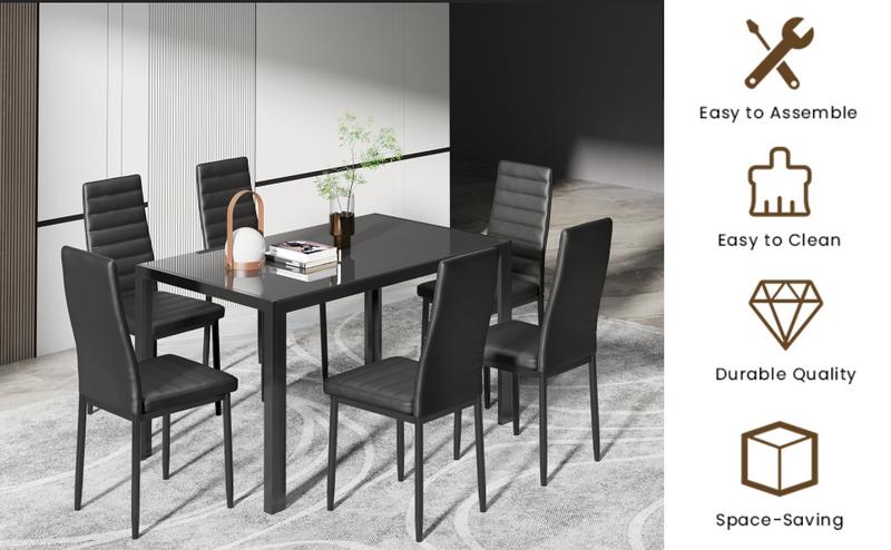 【2 Packages Shipping】Gizoon Glass Dining Table Sets for 6, 7 Piece Kitchen Table and Chairs Set for 6 Person, PU Leather Modern Dining Room Sets for Home, Kitchen, Living Room, Apartment Furniture