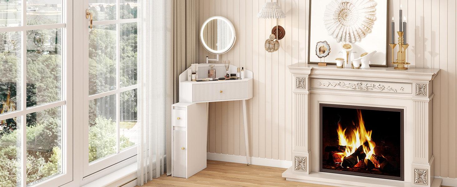 Corner Makeup Vanity Desk with Retractable and Rotating Mirror and Lights Small Modern White Makeup Vanity Set with Glass Top for Women Compact Girls Dressing Table with Drawer for Small Space MVD8004